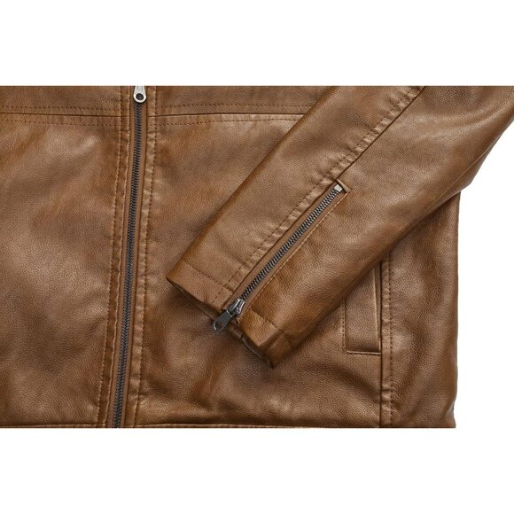 Men's Brown1304 Stand Collar Leather Motorcycle Lightweight Faux Leather Jacket - Picture 4 of 6